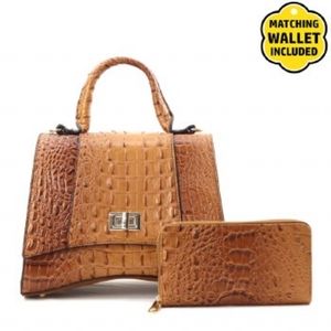 Women's Sachel Handbag w Matching Wallet- 2 tone- Alligator Skin Design - Vegan